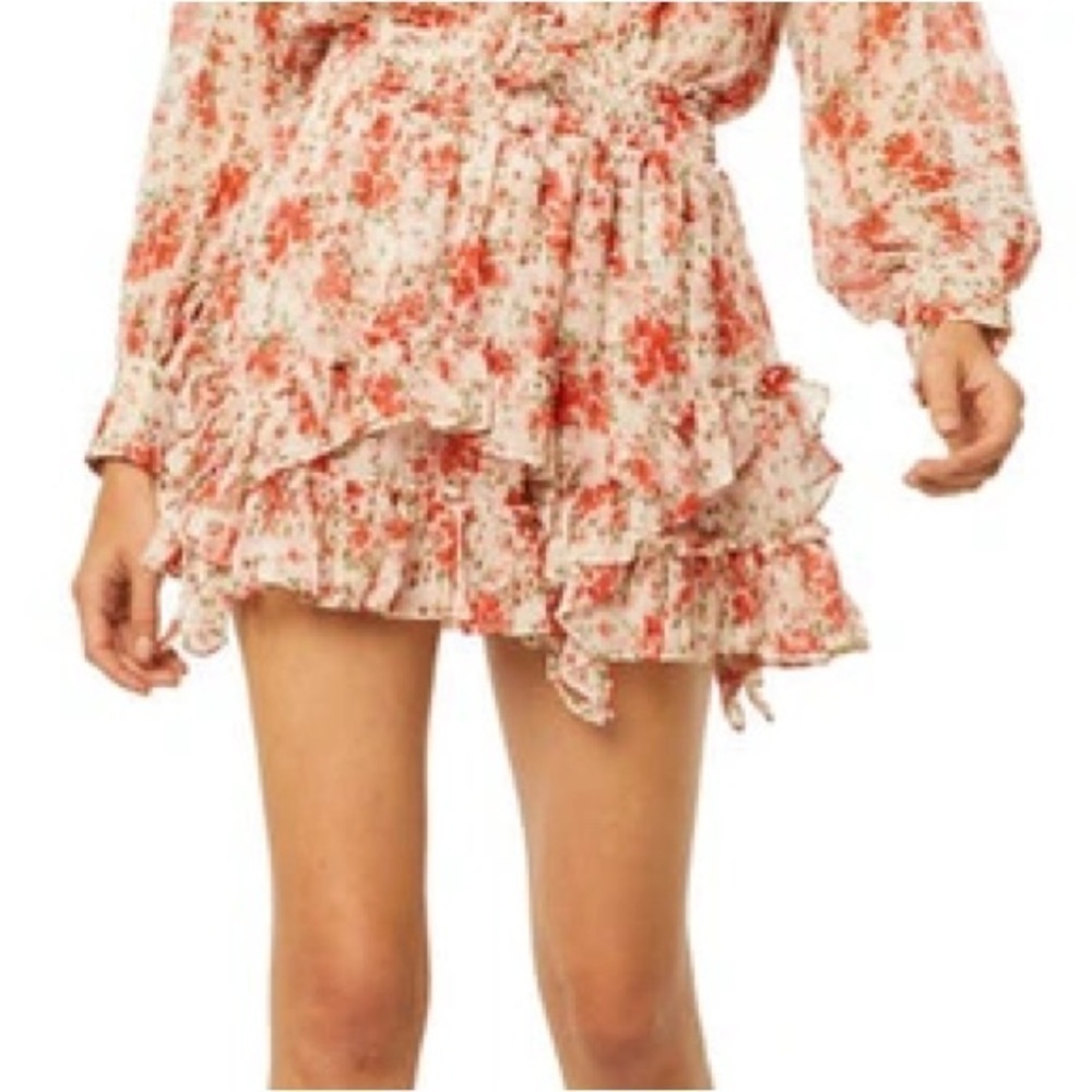 New Misa Los Angeles Floral Mini Skirt Smocked Elastic Waist Tiered Ruffles M